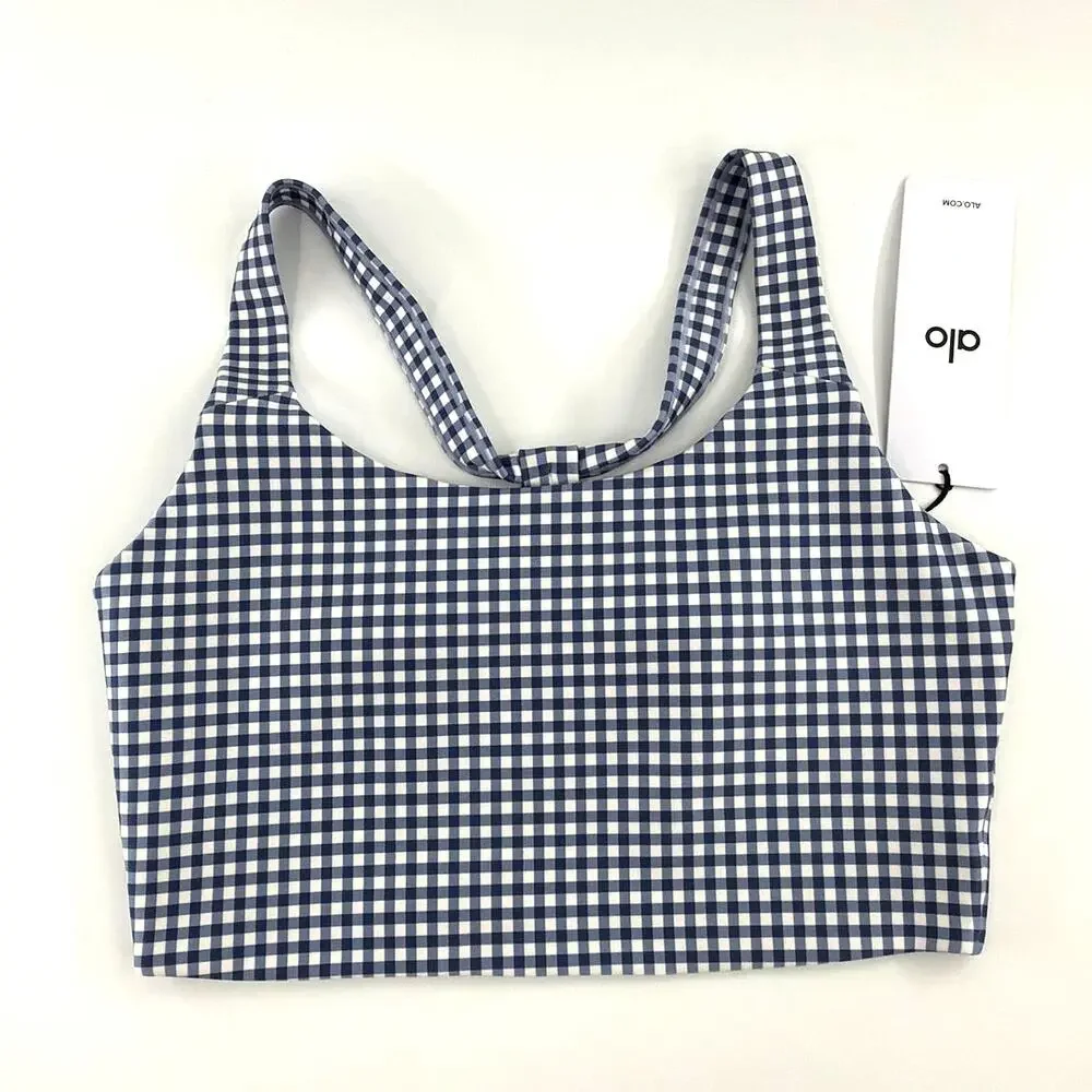 Alo Yoga Airlift Gingham Sleek Bra Tank Navy Size L